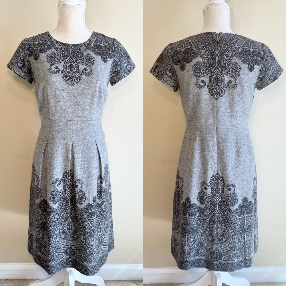 Talbots 4P Petites Sheath Dress Wool Blend Short Sleeve Knee Length Paisley Gray